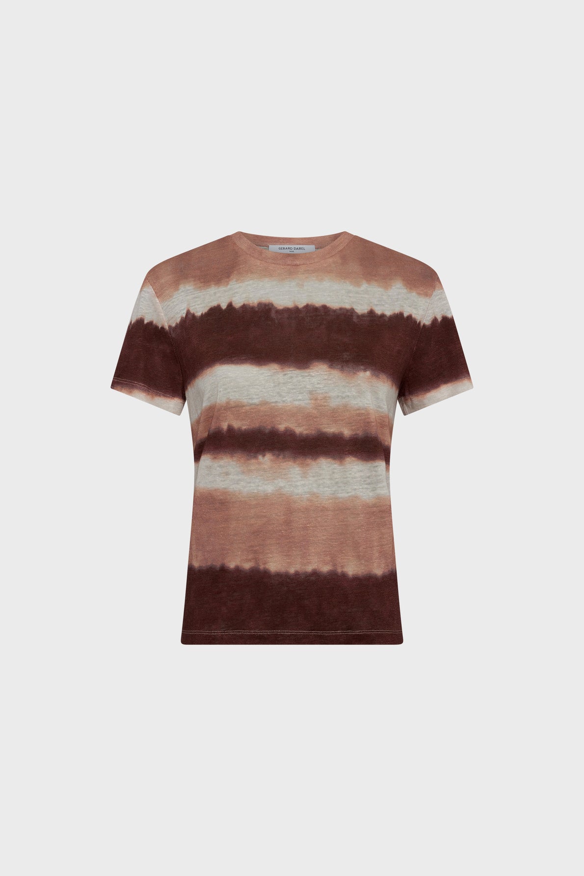Short-sleeve t-shirt with horizontal brown, beige, and white tie-dye stripes, displayed on a plain white background.