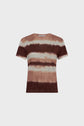 Short-sleeve t-shirt with horizontal brown, beige, and white tie-dye stripes, displayed on a plain white background.
