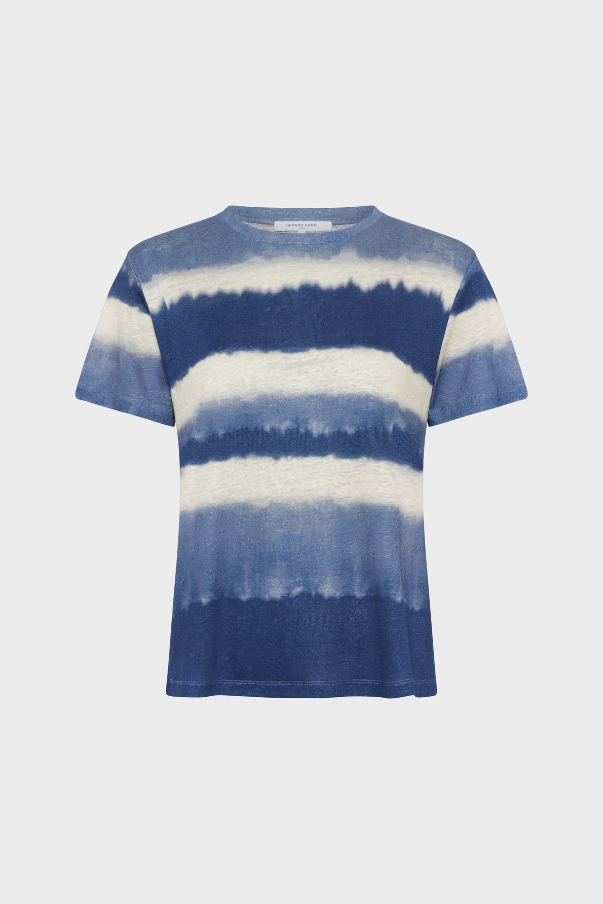 A short-sleeve t-shirt with a blue and white horizontal tie-dye pattern displayed on a plain light background.