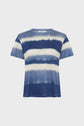 A short-sleeve t-shirt with a blue and white horizontal tie-dye pattern displayed on a plain light background.