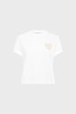 A plain white short-sleeve t-shirt with a small, beige embroidered heart design on the left chest, displayed against a light gray background.
