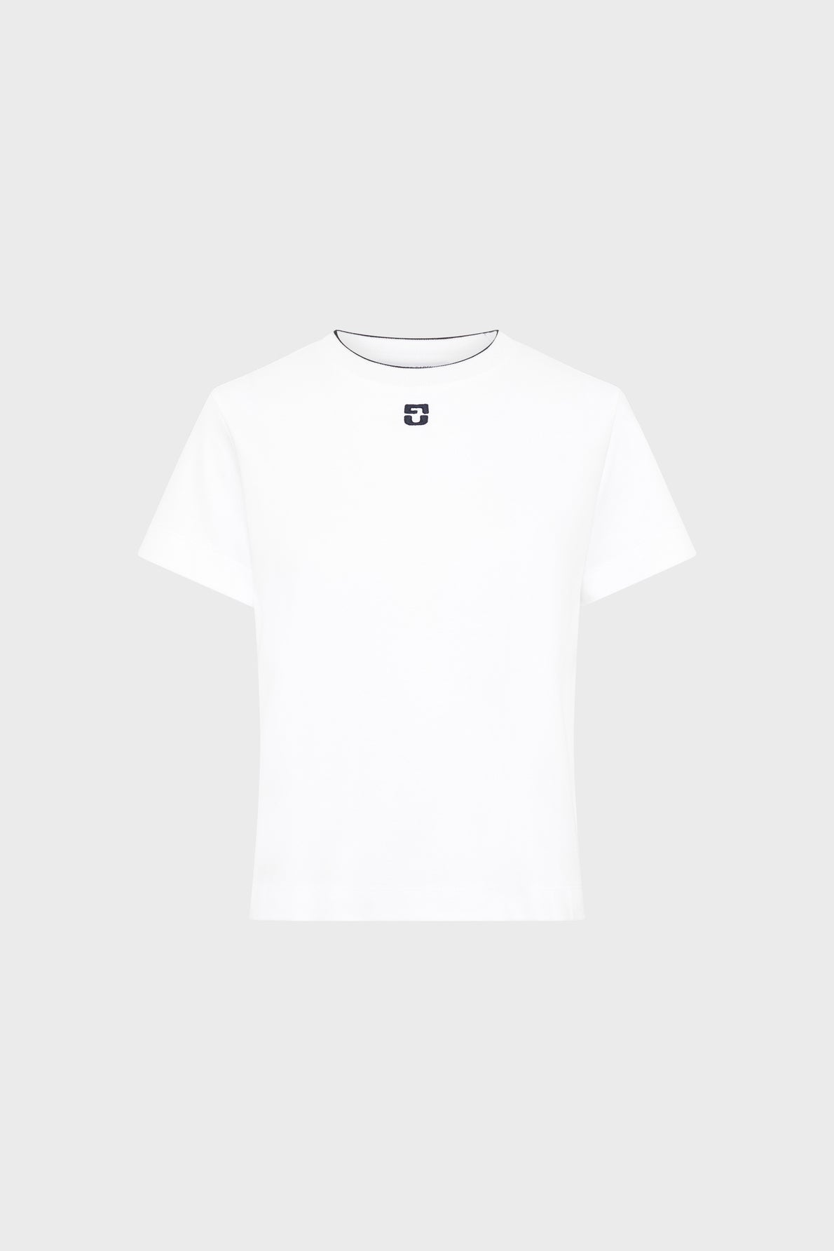 Plain white short-sleeve t-shirt with a small dark logo centered near the collar, displayed on a light gray background.