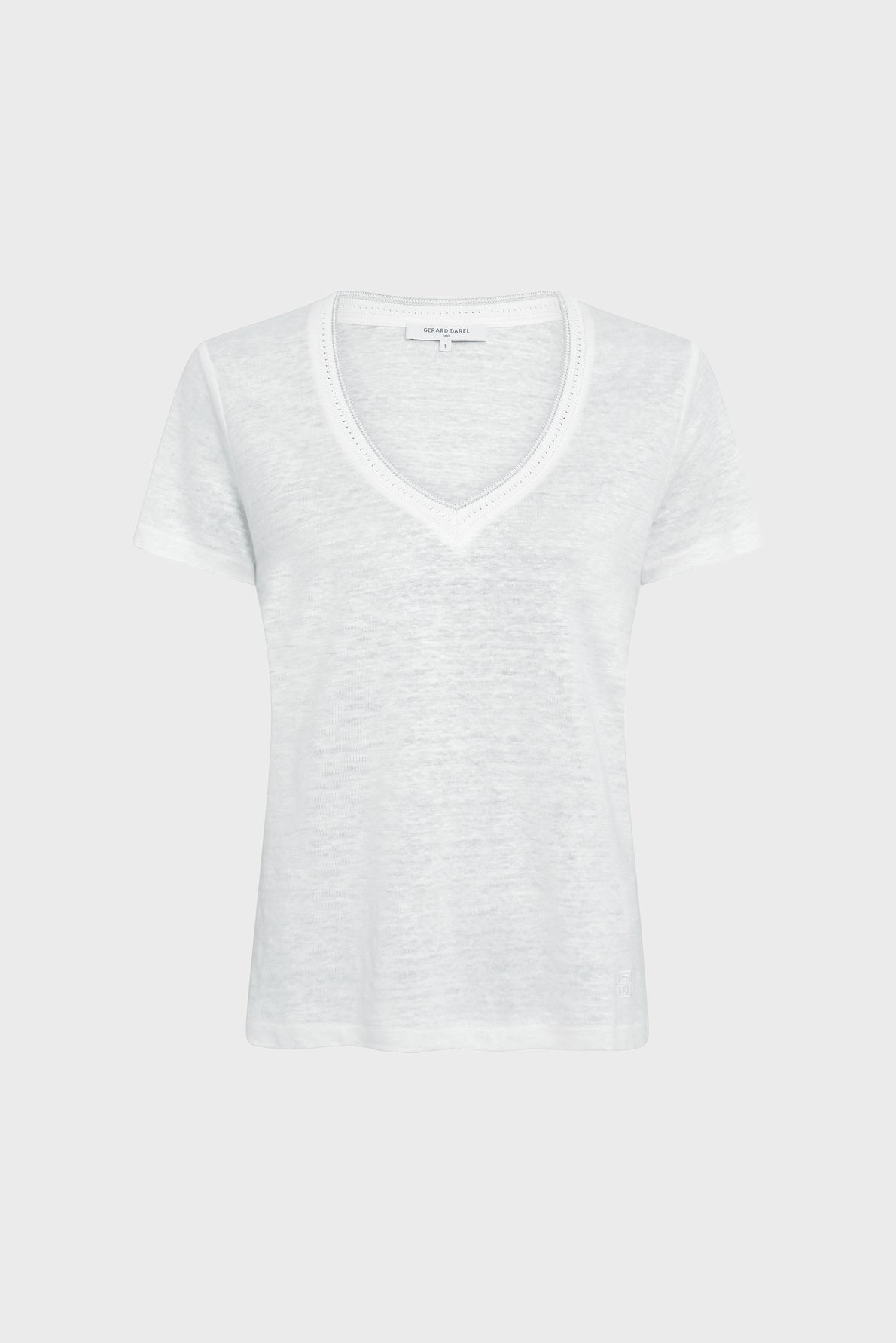 A plain white short-sleeve V-neck T-shirt with subtle textured fabric, displayed on a light gray background.
