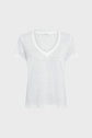 A plain white short-sleeve V-neck T-shirt with subtle textured fabric, displayed on a light gray background.