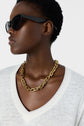 A person wearing black sunglasses, a chunky gold chain necklace, and a white V-neck top, looking to the side against a plain white background.