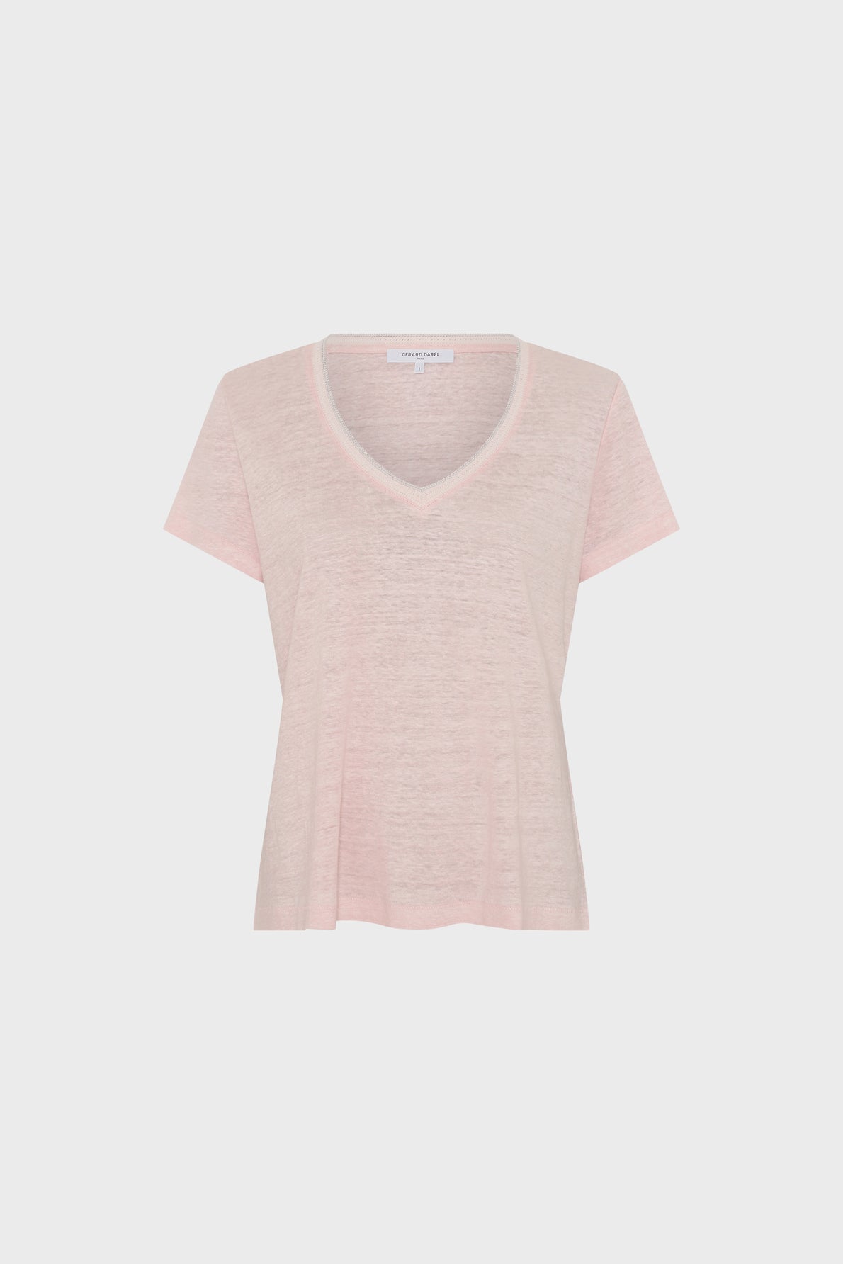 Light pink, short-sleeve V-neck t-shirt displayed on a plain white background. The fabric appears thin and slightly sheer, with a relaxed fit and simple design.