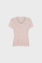 Light pink, short-sleeve V-neck t-shirt displayed on a plain white background. The fabric appears thin and slightly sheer, with a relaxed fit and simple design.