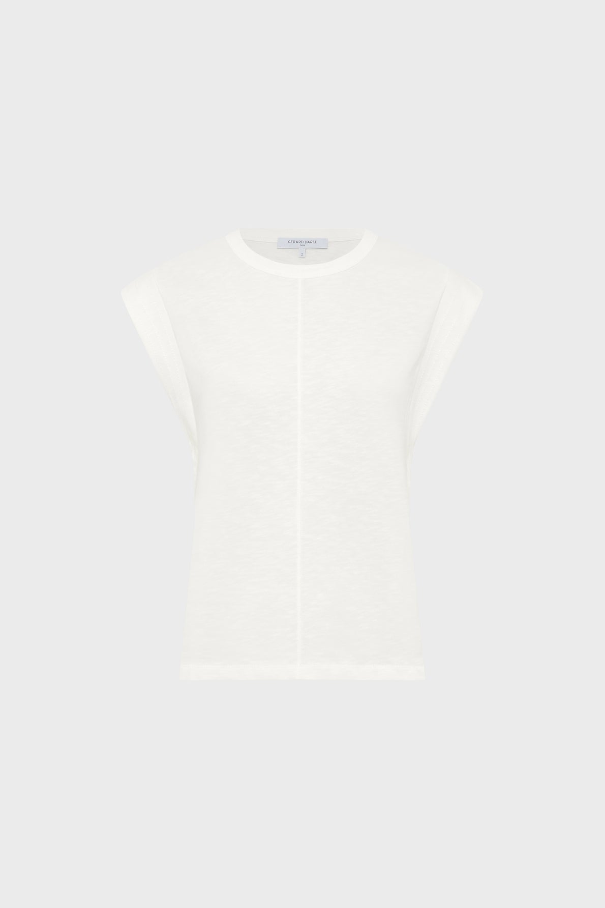White sleeveless top with a crew neckline, subtle seam detail down the front, and relaxed fit, displayed against a plain light gray background.