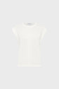 White sleeveless top with a crew neckline, subtle seam detail down the front, and relaxed fit, displayed against a plain light gray background.