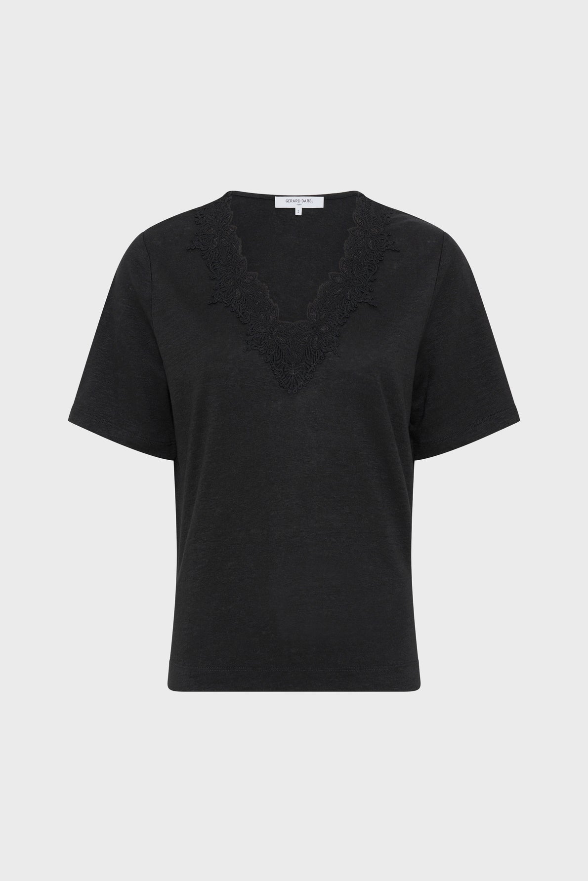 A black short-sleeve shirt with a V-neckline featuring lace detailing on the collar, displayed against a plain light gray background.