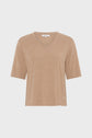 Light brown, short-sleeve t-shirt en V laid flat on a white background. Crafted from tissu doux, the shirt is plain with a small embroidered logo near the bottom hem on the left side.