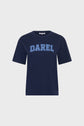 Navy blue short-sleeve t-shirt crafted from soft coton, with the word DAREL printed in large, light blue block letters across the chest. This tee-shirt bleu marine is displayed on a plain white background.