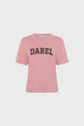 A light pink short-sleeved tee-shirt rose in soft coton, featuring the inscription Darel in large black outlined letters across the chest, displayed on a plain white background.