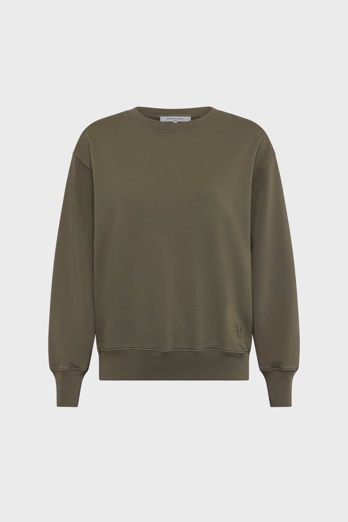 Olive green crewneck sweatshirt with long sleeves, ribbed cuffs, and hem, displayed against a plain white background.