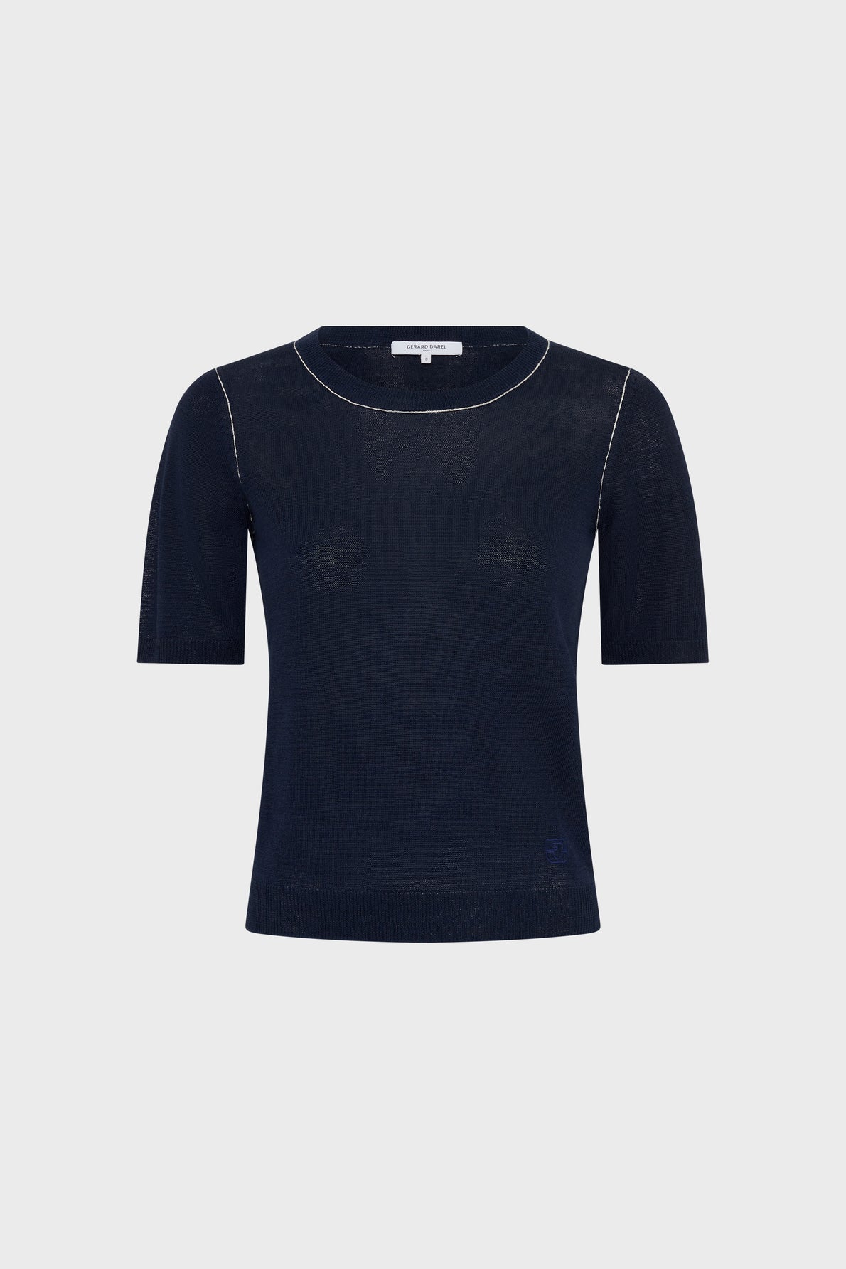 A navy blue short-sleeve knit top with a round neckline, slight transparency, and white trim detail along the collar, displayed on a plain light gray background.