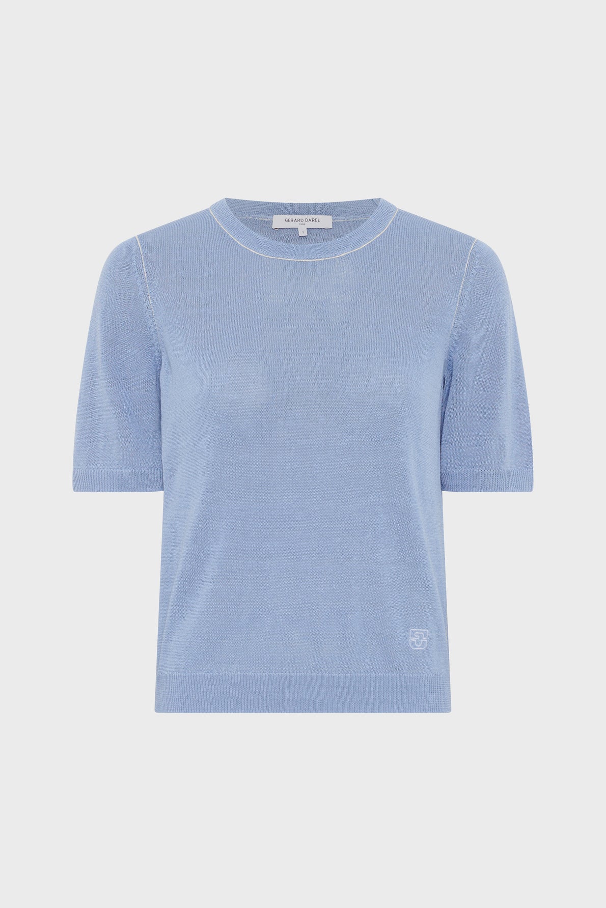 Light blue short-sleeve knit sweater with a crew neckline, ribbed cuffs and hem, and a small stitched logo near the bottom left. The sweater is displayed on a plain white background.