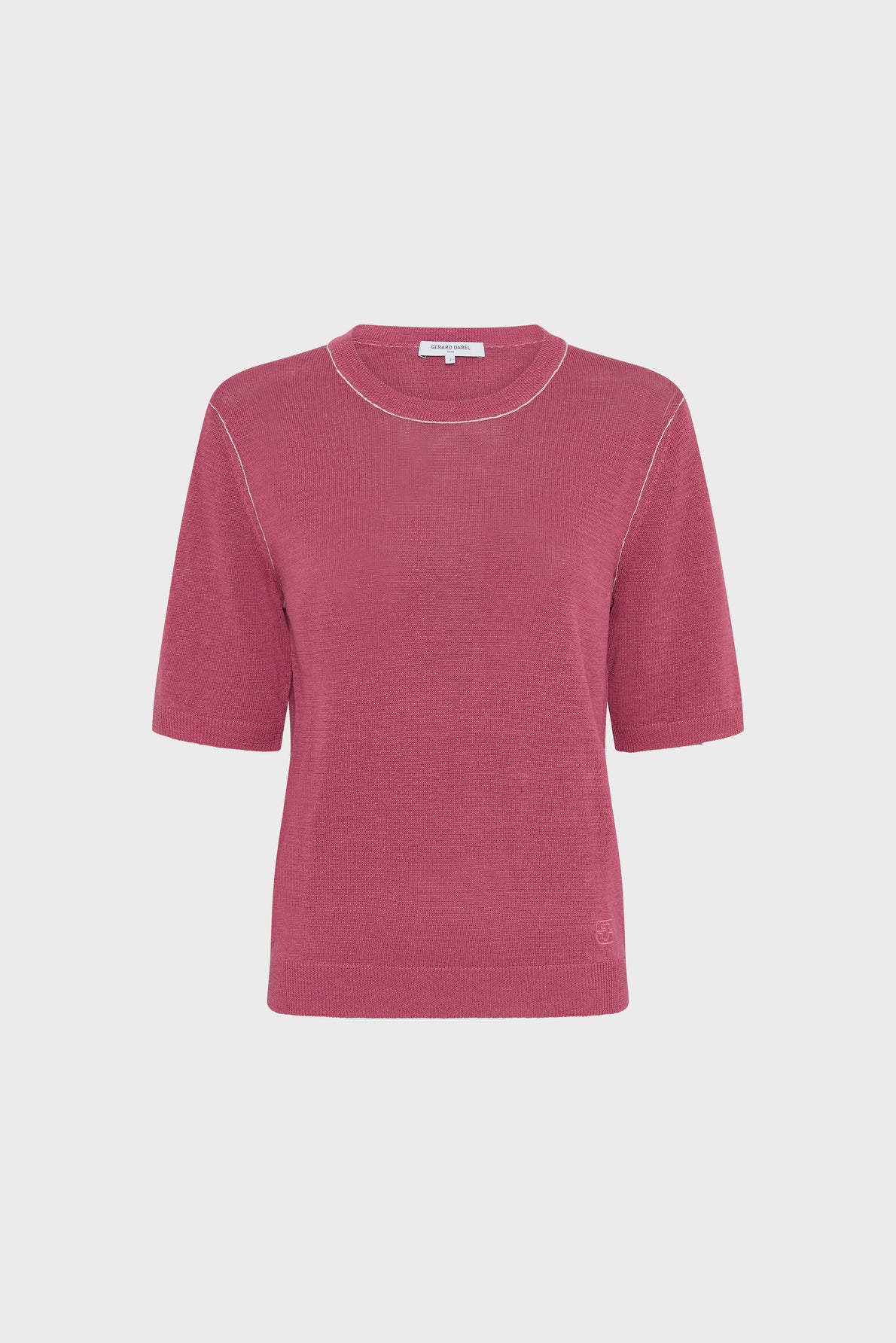 A short-sleeve, crew-neck pink knit sweater with white stitching detail, displayed on a plain light background.
