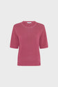 A short-sleeve, crew-neck pink knit sweater with white stitching detail, displayed on a plain light background.