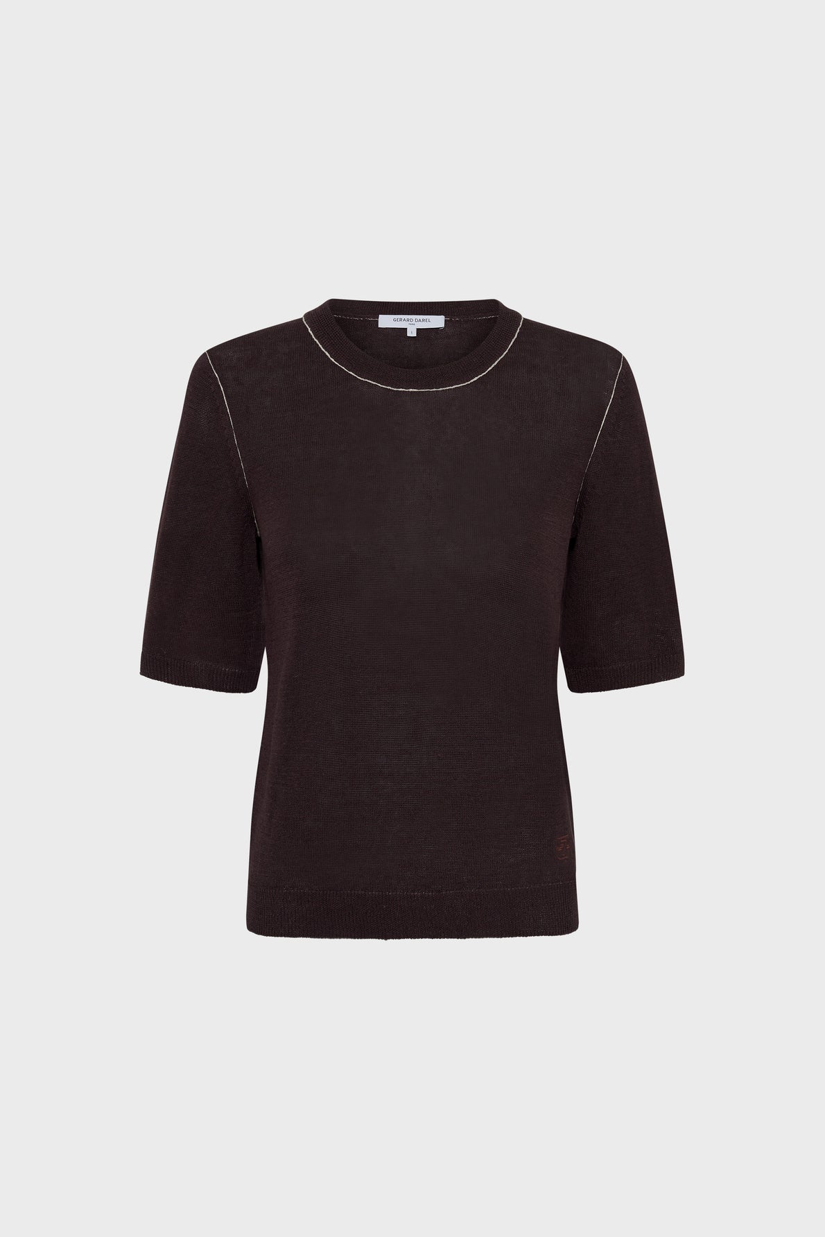 A black short-sleeve knit top with a crew neckline and subtle white stitching detail along the shoulders, displayed on a plain white background.