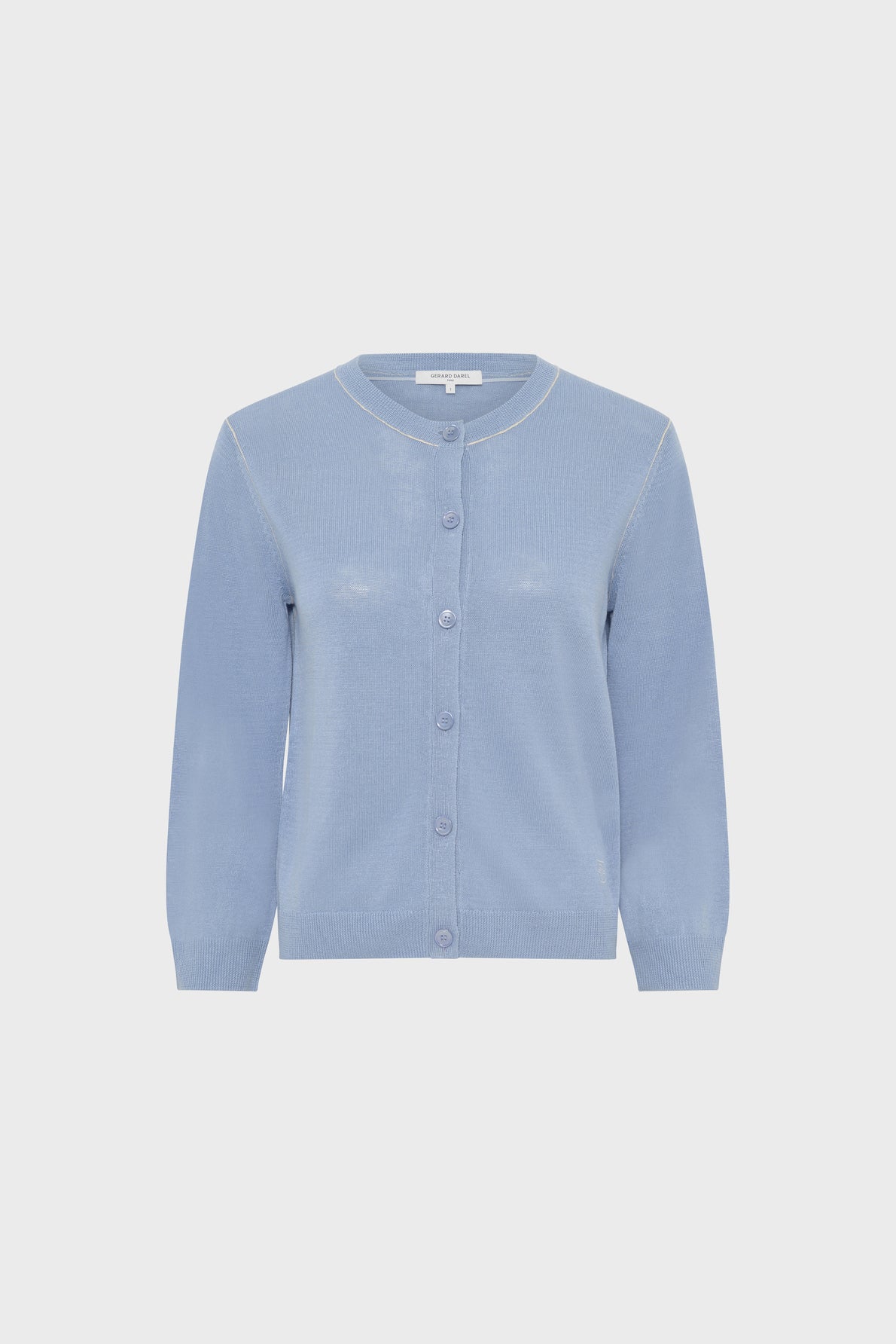Light blue, long-sleeve cardigan with a round neckline (gilet col rond) and front button closure, displayed on a plain white background. This elegant gilet bleu ciel adds a soft touch of color to any wardrobe.
