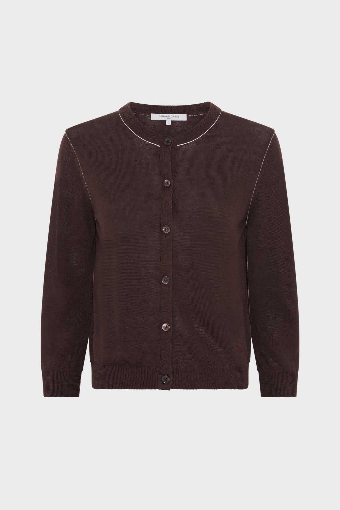 A brown, long-sleeve, button-up cardigan with a round neckline and subtle light trim along the collar, displayed on a plain white background.