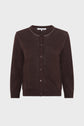 A brown, long-sleeve, button-up cardigan with a round neckline and subtle light trim along the collar, displayed on a plain white background.