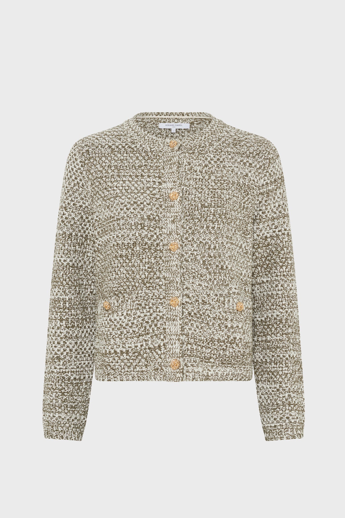 A textured, long-sleeve knit gilet boutonné in beige and white with a round neck, front buttons, and two small front pockets. This gilet court femme is crafted from soft coton chiné and is displayed on a plain white background.