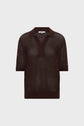 A short-sleeved, dark brown knit polo shirt with a mesh, see-through pattern and a solid collar, cuffs, and hem.