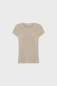 A plain, beige short-sleeve knit top with a round neckline is displayed on a white background. The shirt has a simple, casual design and a relaxed fit.
