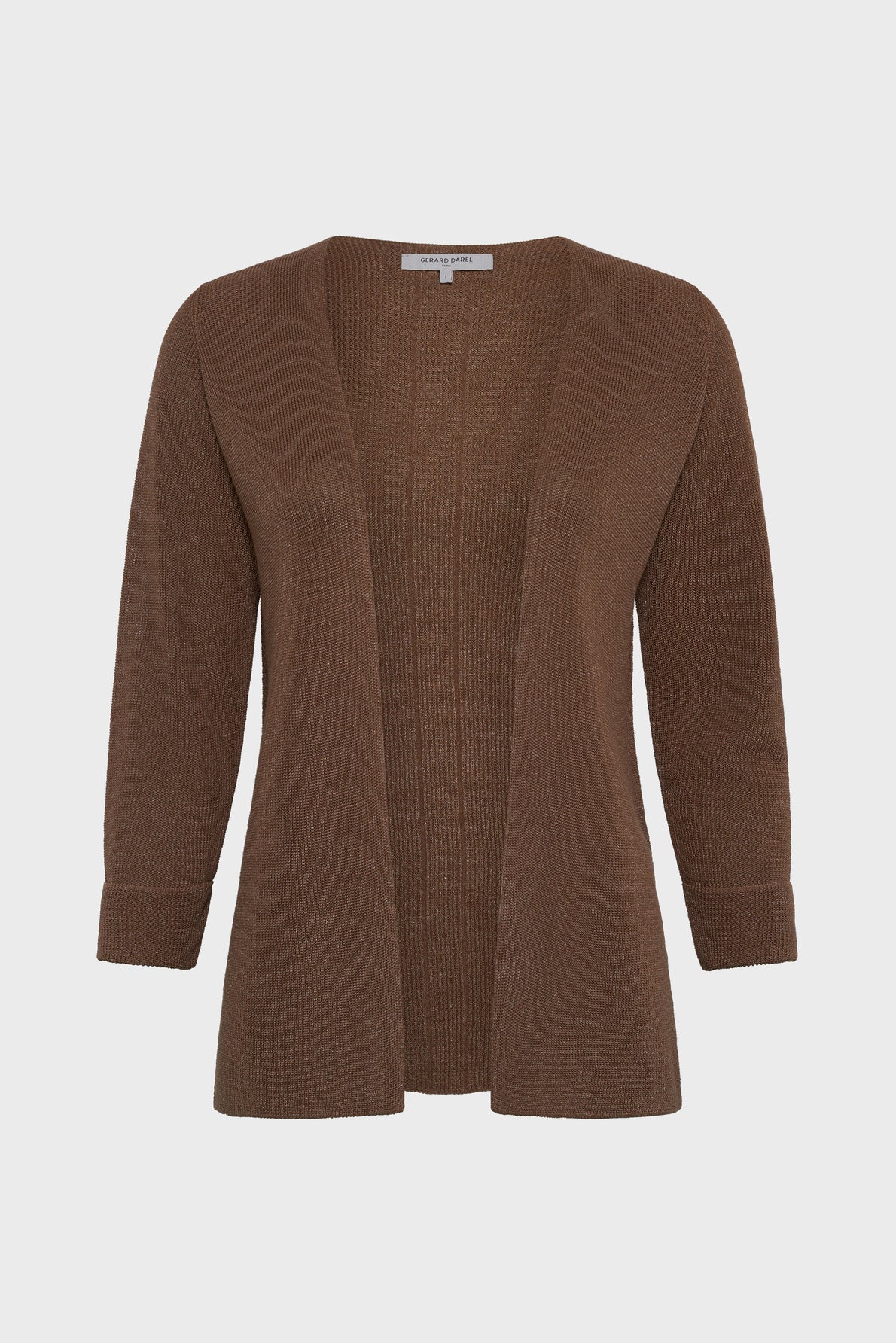Brown open-front cardigan with long sleeves, ribbed cuffs, and a ribbed texture. The cardigan has no buttons or closures and is displayed against a plain white background.