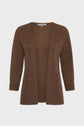 Brown open-front cardigan with long sleeves, ribbed cuffs, and a ribbed texture. The cardigan has no buttons or closures and is displayed against a plain white background.