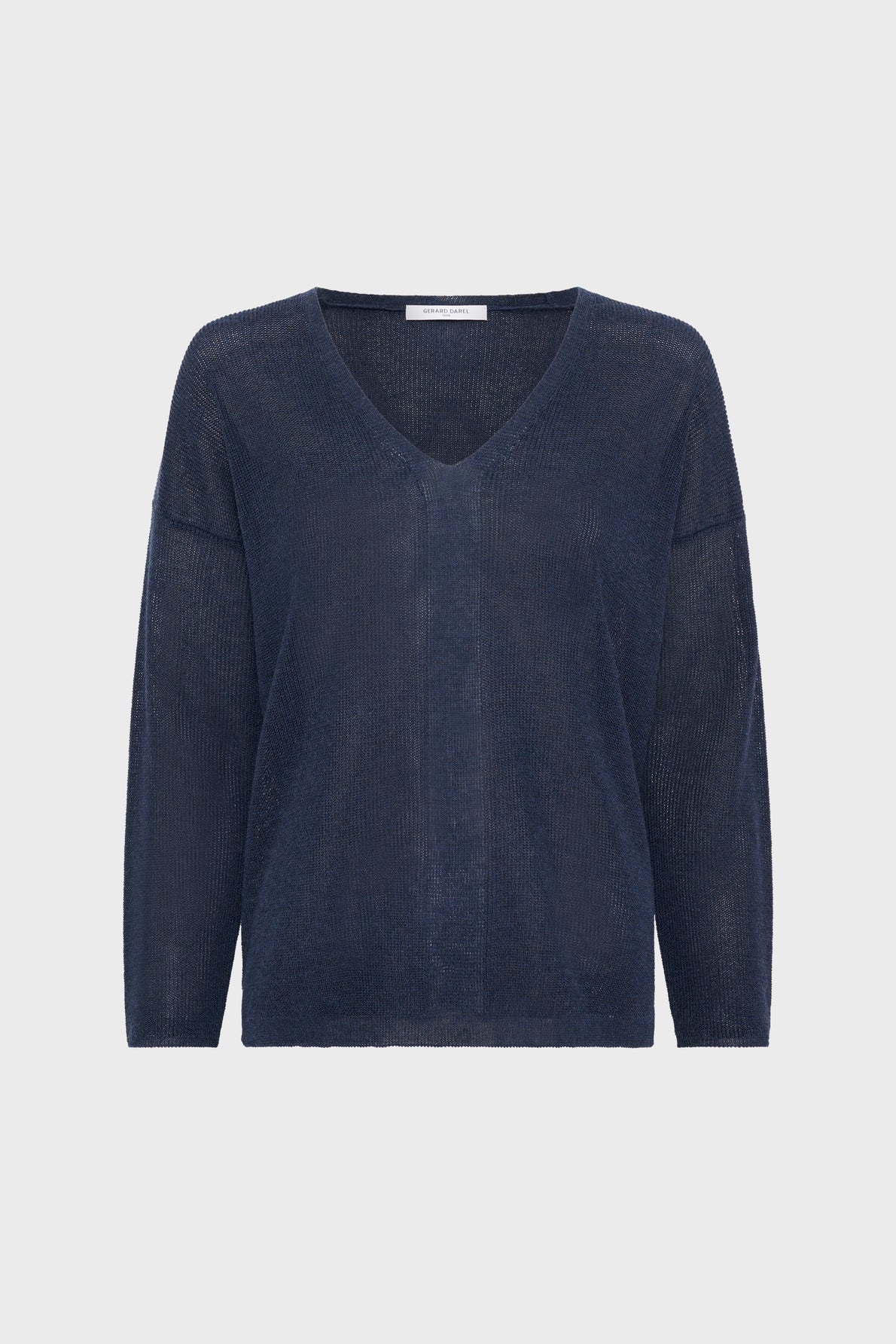 Sheer navy blue V-neck long-sleeve sweater displayed on a plain white background.