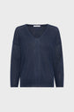 Sheer navy blue V-neck long-sleeve sweater displayed on a plain white background.
