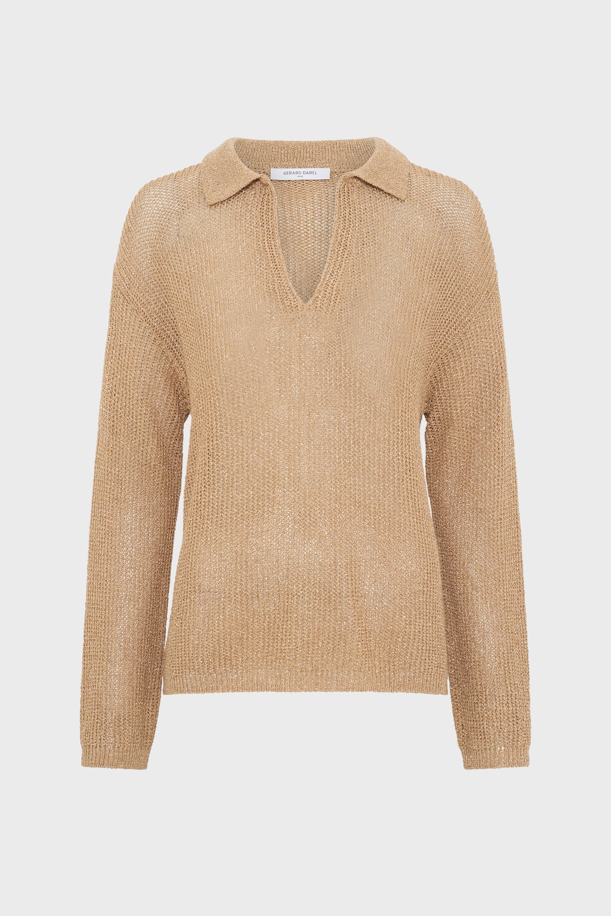 Beige long-sleeve knit sweater with a collar and a V-neckline, crafted in maille ajourée, displayed against a white background. This pull Lailah is fabriqué en Italie for an elegant finish.