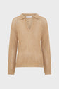 Beige long-sleeve knit sweater with a collar and a V-neckline, crafted in maille ajourée, displayed against a white background. This pull Lailah is fabriqué en Italie for an elegant finish.