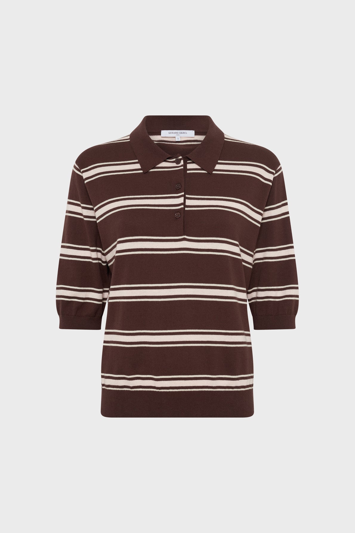 A brown short-sleeve polo à rayures with a collar and buttons, featuring white horizontal stripes and ribbed cuffs, displayed on a plain white background.