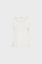 Sleeveless white tank top with a round neckline, crafted from soft microfibre for a smooth feel. This top en microfibre blanc is displayed against a plain light gray background.