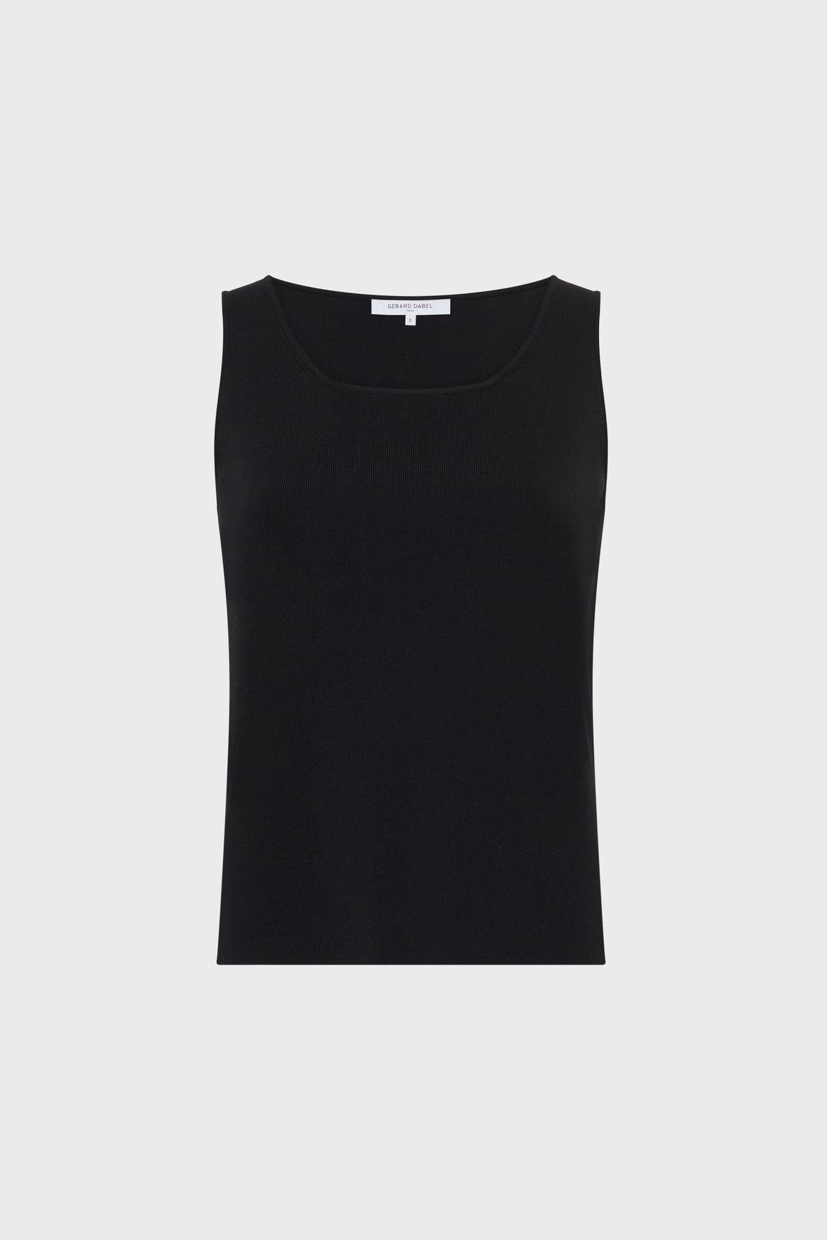 A sleeveless black tank top with a scoop neckline, displayed on a plain white background.