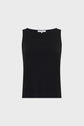 A sleeveless black tank top with a scoop neckline, displayed on a plain white background.