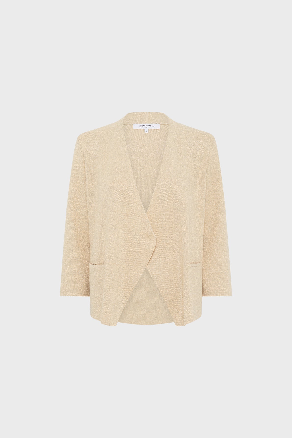 Beige open-front cardigan with long sleeves and two front pockets, displayed against a white background.