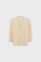 Beige open-front cardigan with long sleeves and two front pockets, displayed against a white background.