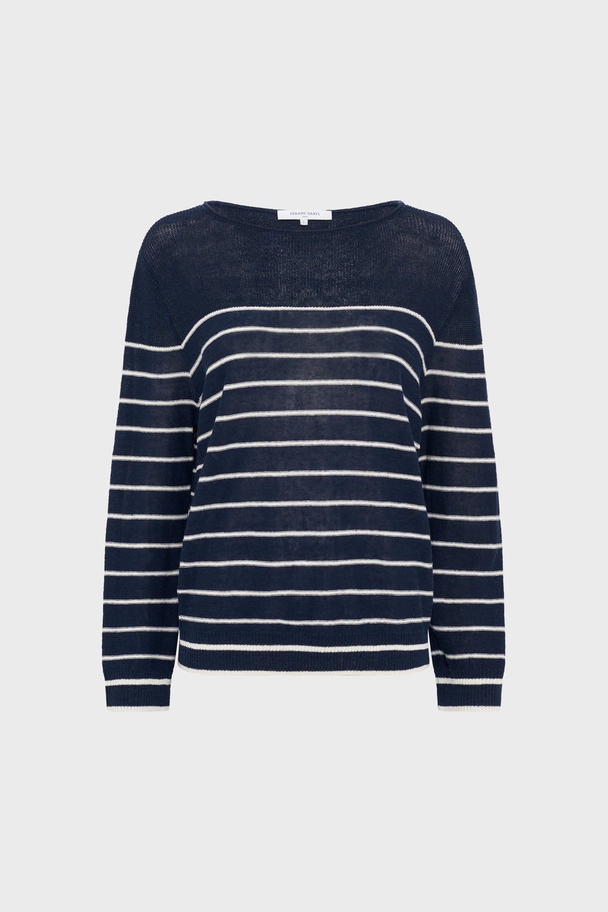 A navy blue long-sleeve sweater with white horizontal stripes, shown on a plain light background. The neckline is wide and crew style, and the hem and cuffs are ribbed.