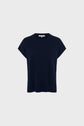 A plain, navy blue (“bleu marine”) short-sleeved knit sweater with a crew neckline and ribbed edges, displayed against a light gray background. This versatile pull cachemire femme offers timeless style and elegance for any occasion.