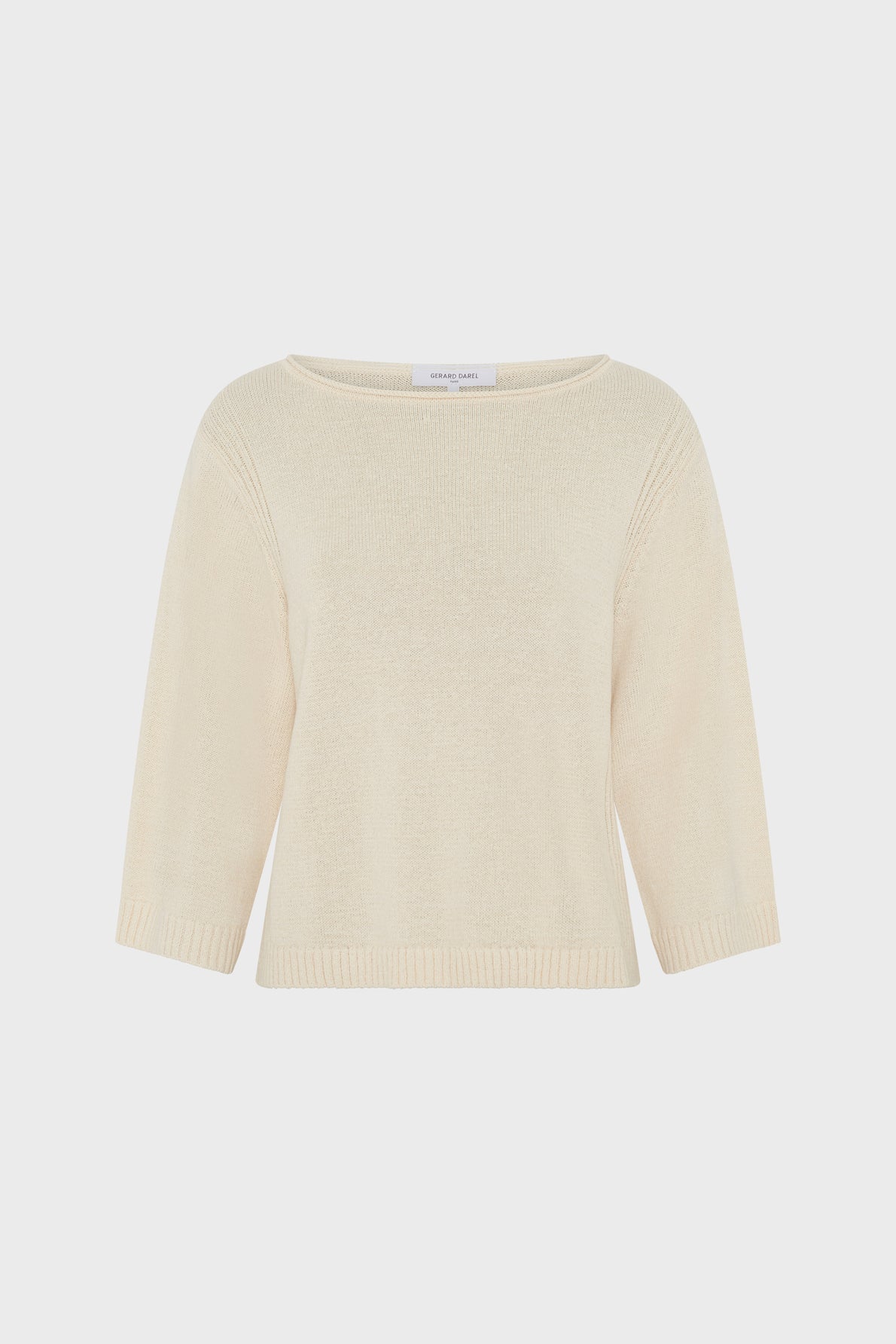 A cream-colored, three-quarter sleeve knit sweater with a boat neckline, displayed on a plain white background.