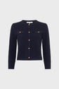 Navy blue, long-sleeve, quilted cardigan with gold buttons down the front and on two chest pockets, displayed on a plain white background—this elegant gilet boutons dorés adds a refined touch to any wardrobe.