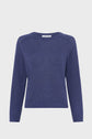 A plain, long-sleeved pull col rond in navy blue knit with a round neckline and ribbed cuffs and hem, displayed on a white background.