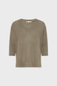 A khaki green, ribbed knit sweater—also known as a pull kaki—with a flattering col V neckline and elbow-length sleeves, displayed on a plain white background.
