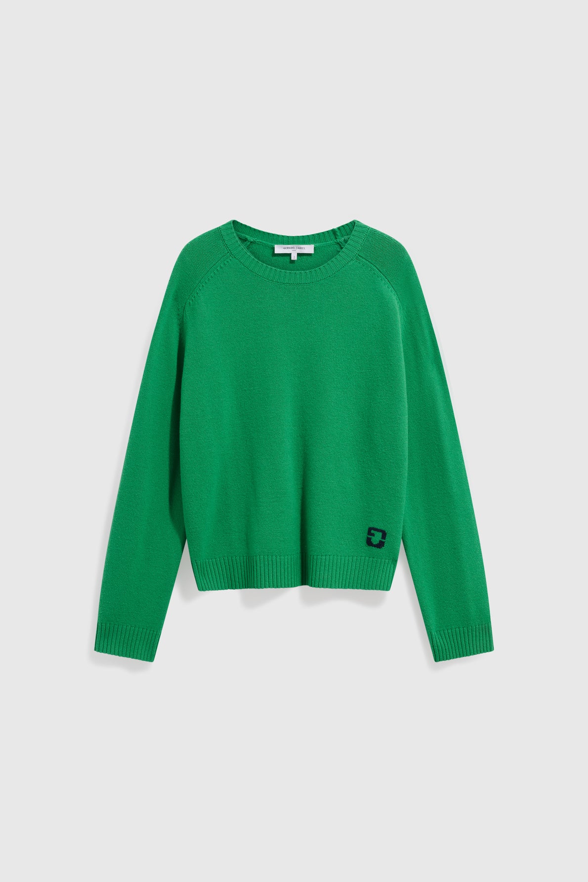 Bright green knit sweater by Esprit with long sleeves, a classic col rond, and ribbed cuffs and hem. Made from soft pull laine vert, it features a small black rectangular logo near the bottom left edge. The sweater is displayed on a plain white background.