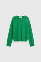 Bright green knit sweater by Esprit with long sleeves, a classic col rond, and ribbed cuffs and hem. Made from soft pull laine vert, it features a small black rectangular logo near the bottom left edge. The sweater is displayed on a plain white background.