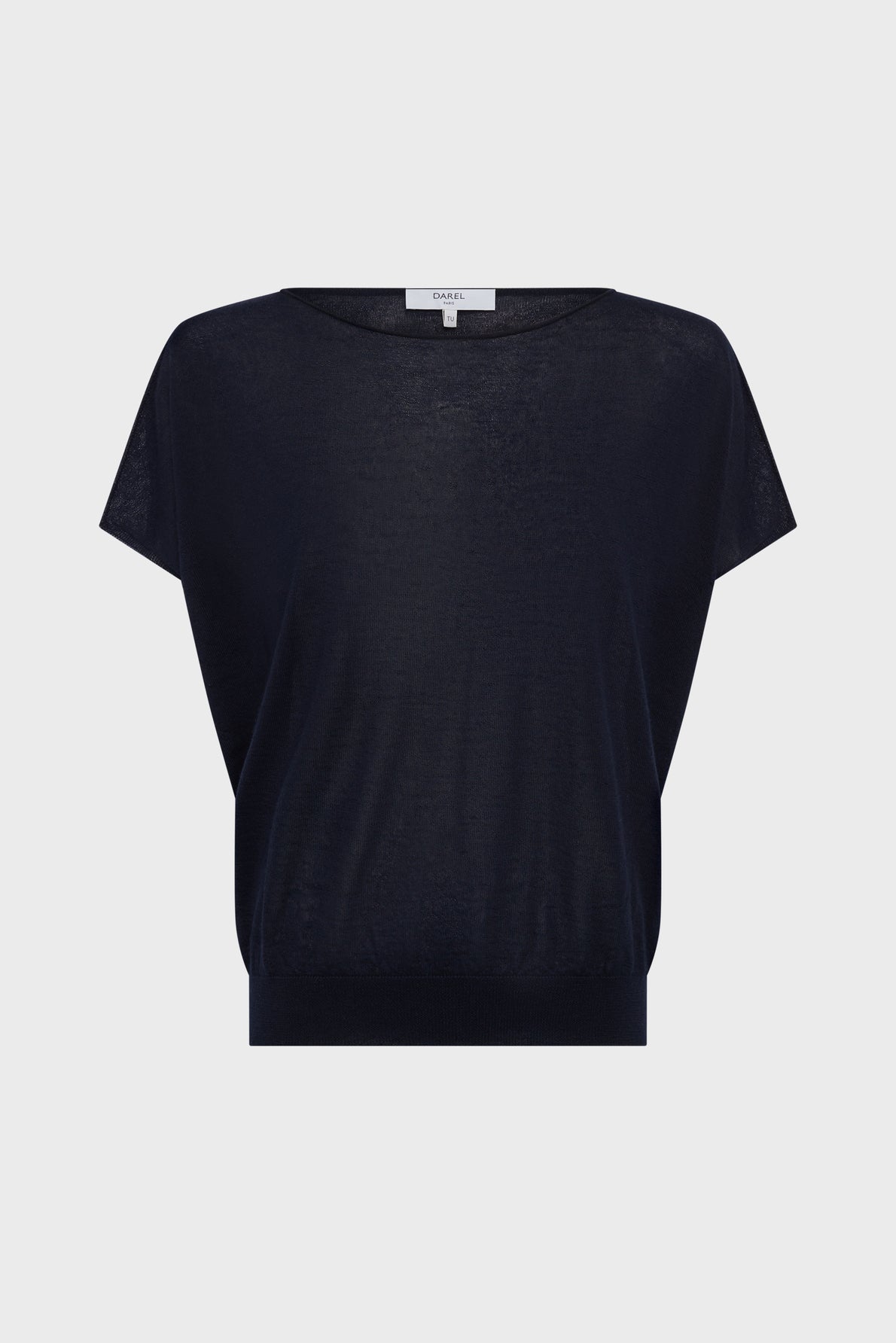 A navy blue, short-sleeve, loose-fit knit top with a col rond neckline in luxurious cachemire et soie, displayed on a plain white background.